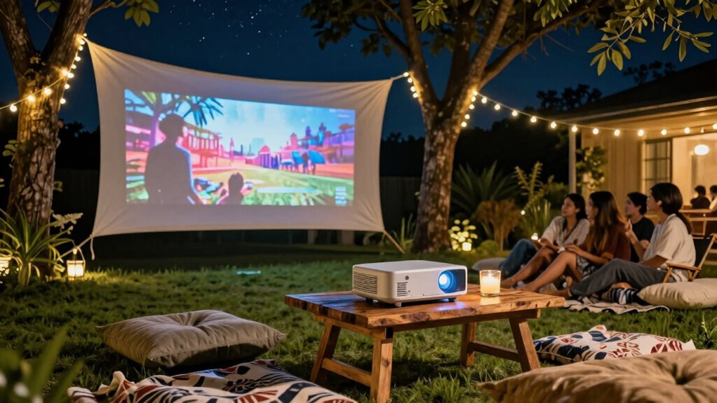 outdoor backyard movie setup